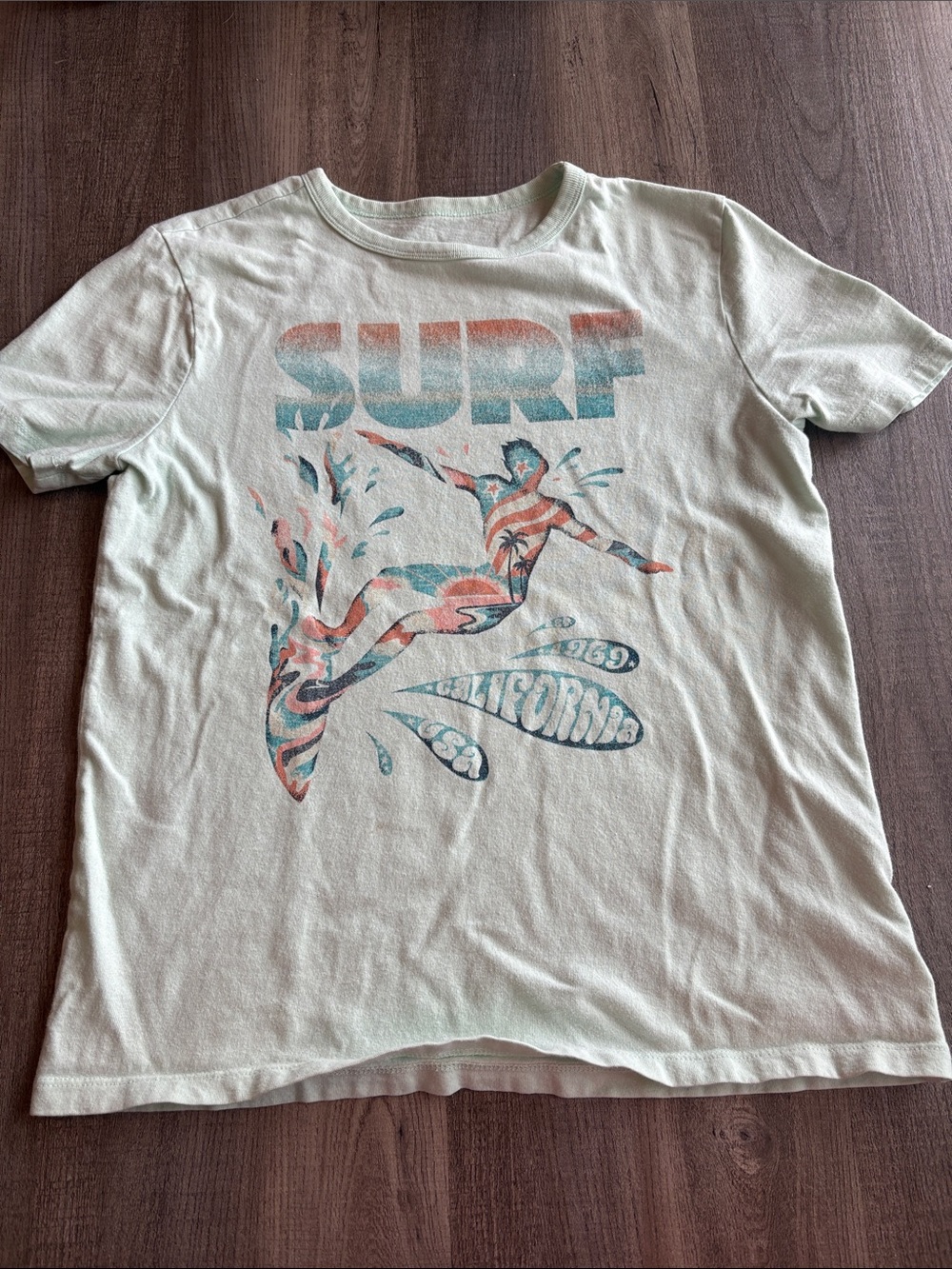 GAP Pale Mint Surf Graphic Tee with Coral & Teal Print